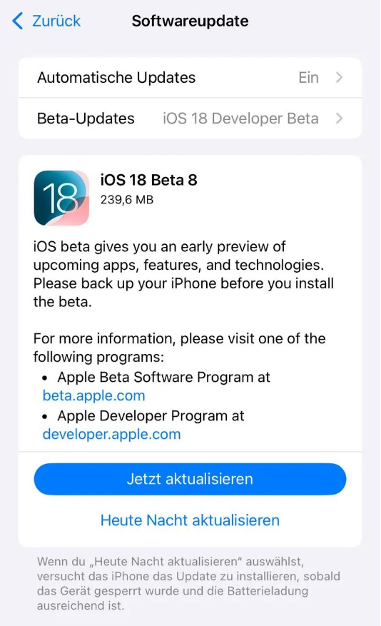 芦溪苹果手机维修分享苹果 iOS / iPadOS 18 开发者预览版 Beta 8 发布 